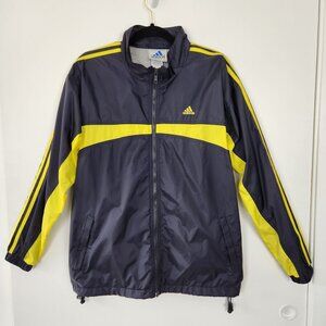 Vintage Adidas Med Navy Blue W Bright Yellow Full Zip Lined Nylon Windbreaker
